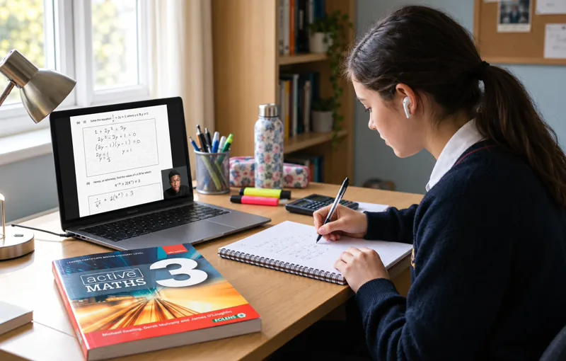 A student in a one to one maths lesson, tutor on the laptop screen