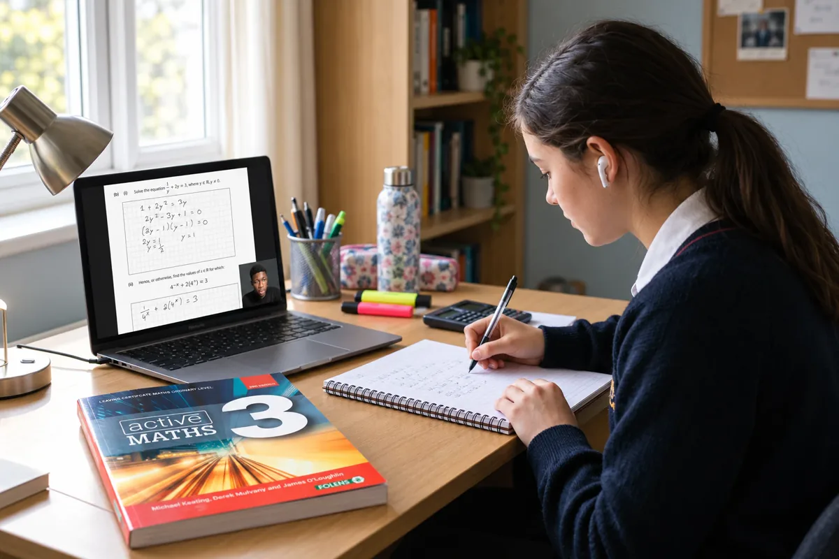 A student working through a Leaving Cert maths question with a tutor on screen