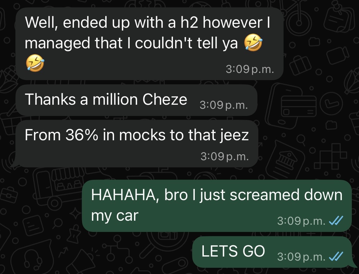 Student message: from 36 per cent in the mocks to a H2