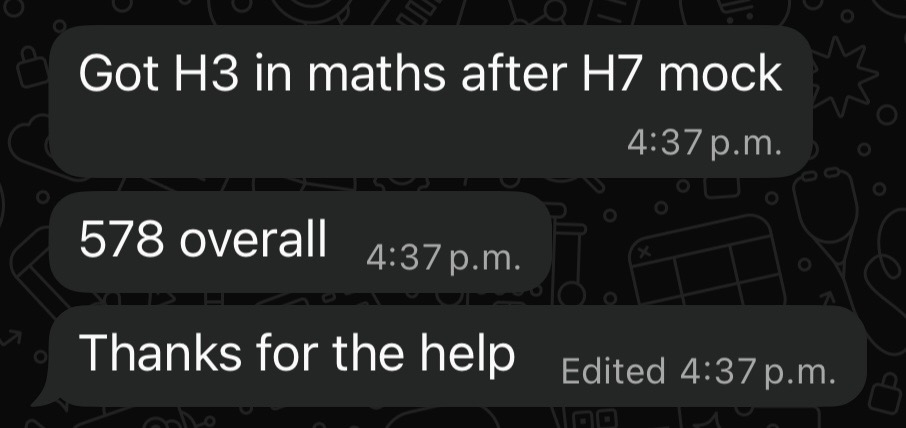 Student message: H3 in maths after a H7 mock, 578 points overall