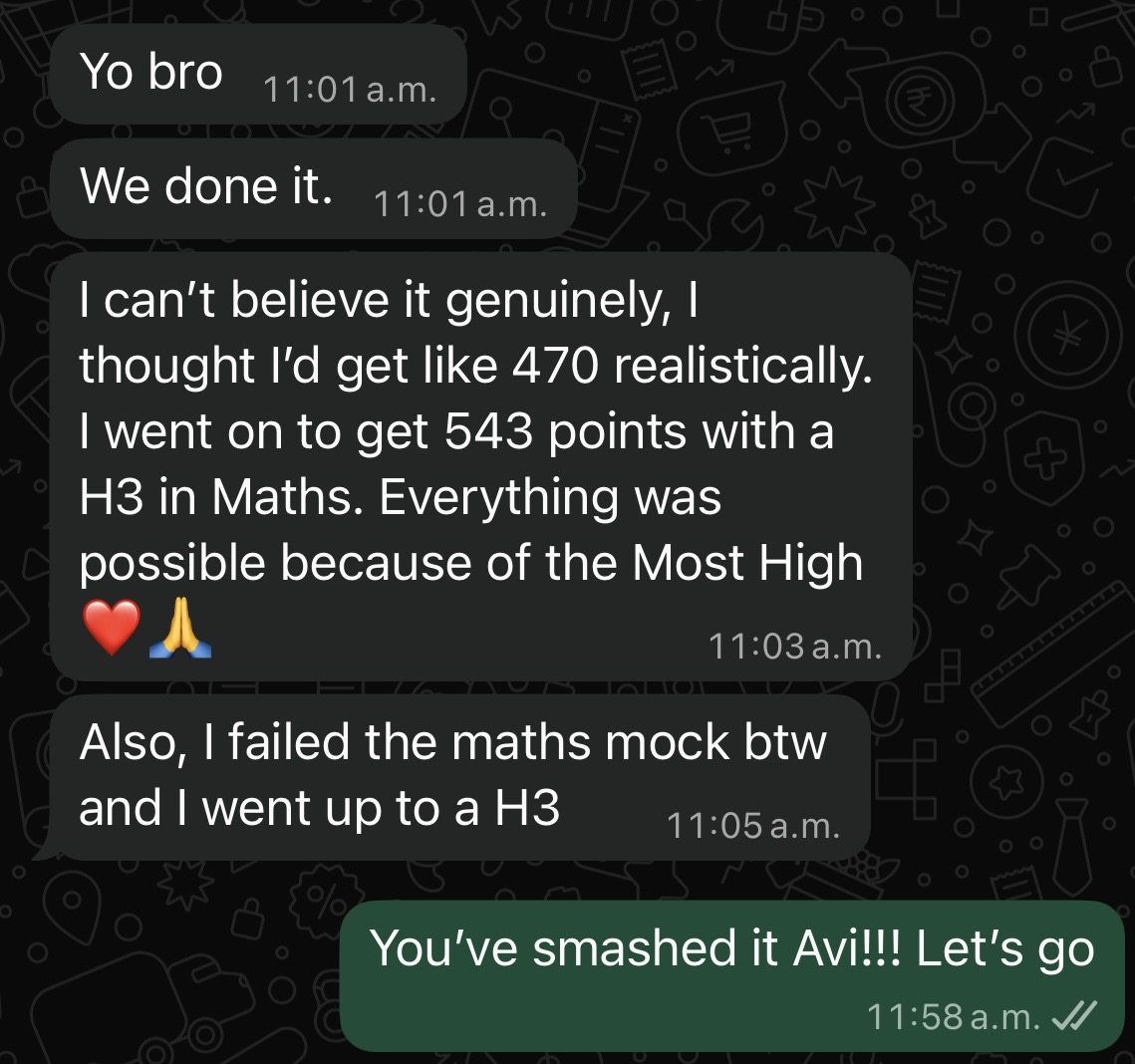 Student message: failed the maths mock, finished on a H3 and 543 points