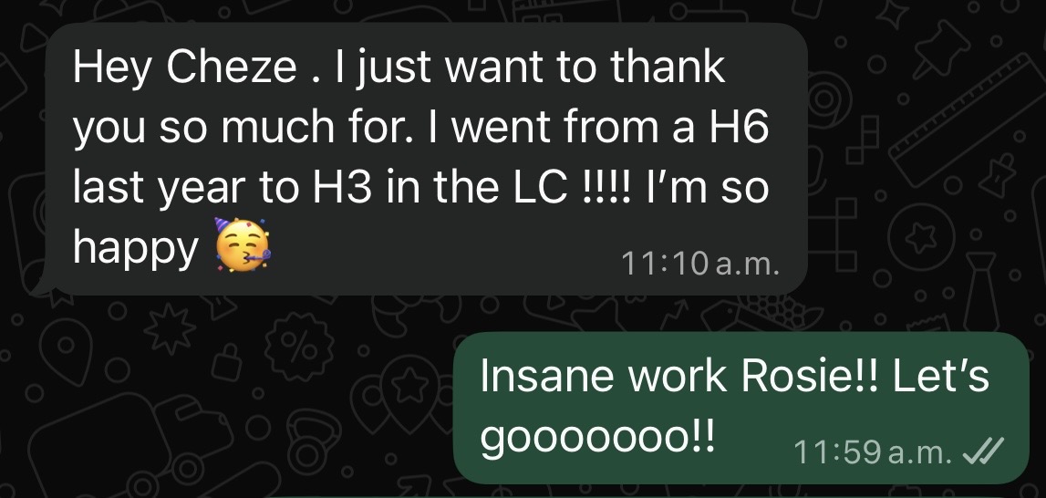 Student message: went from a H6 last year to a H3 in the Leaving Cert